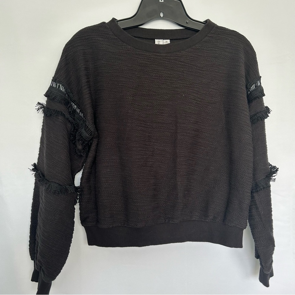 Grace + Karma Black Fringe Cut‎ Out Textured Sweatshirt